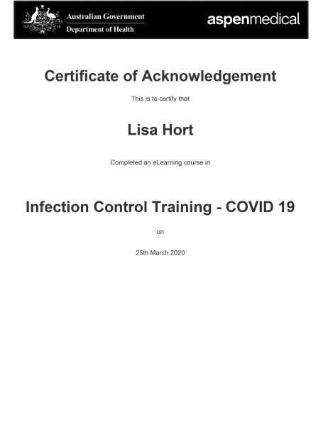 Lisa Hort has successfully completed the Certificate of Acknowledgement, Infection Control Training - COVID 19 image